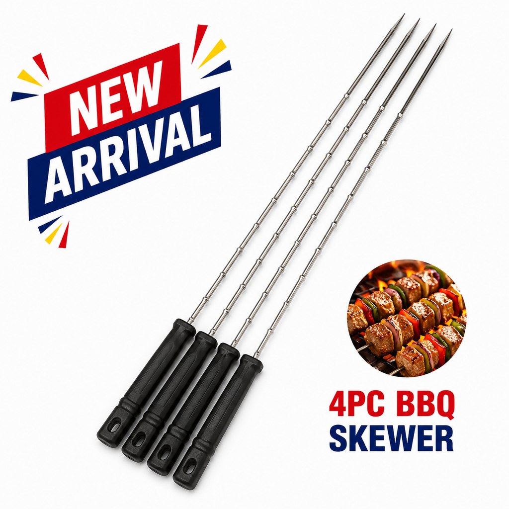 4-Piece BBQ Skewer Set – Reusable Metal Barbecue Kebabs Skewers with Easy-Grip Handles