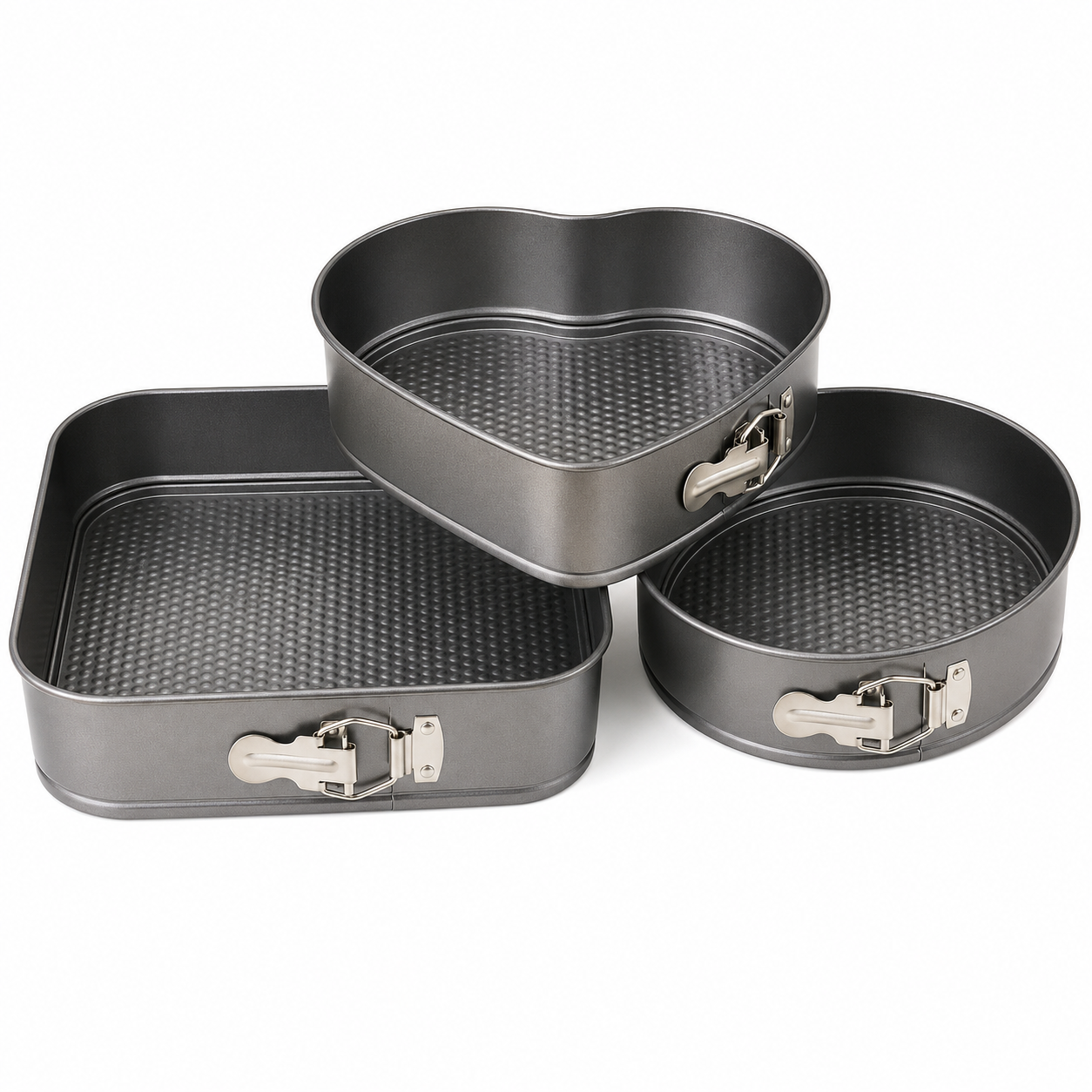3-Piece Springform Cake Mould Set – Round, Square & Heart Shape Baking Pans 24cm, 26cm & 28cm
