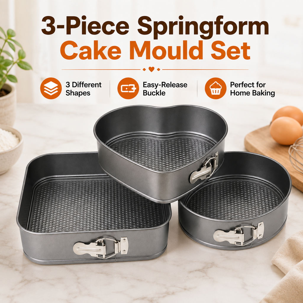 3-Piece Springform Cake Mould Set – Round, Square & Heart Shape Baking Pans 24cm, 26cm & 28cm