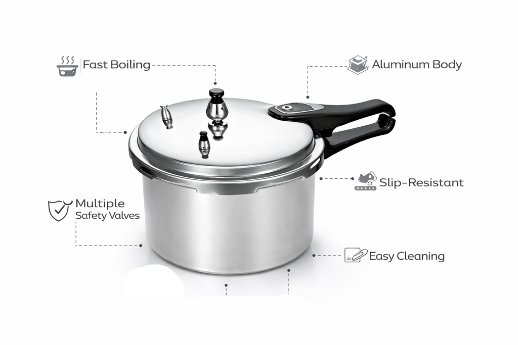 Heavy Duty Aluminium Pressure Cooker | Safety Valve | Self-Locking | 3L 5L 7L 9L 11L 13L Available