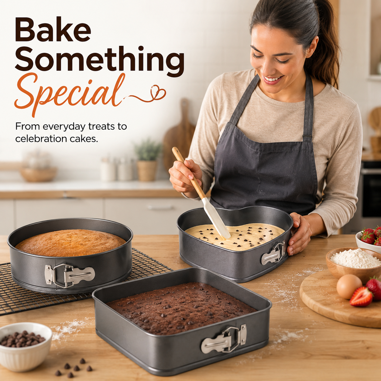 3-Piece Springform Cake Mould Set – Round, Square & Heart Shape Baking Pans 24cm, 26cm & 28cm