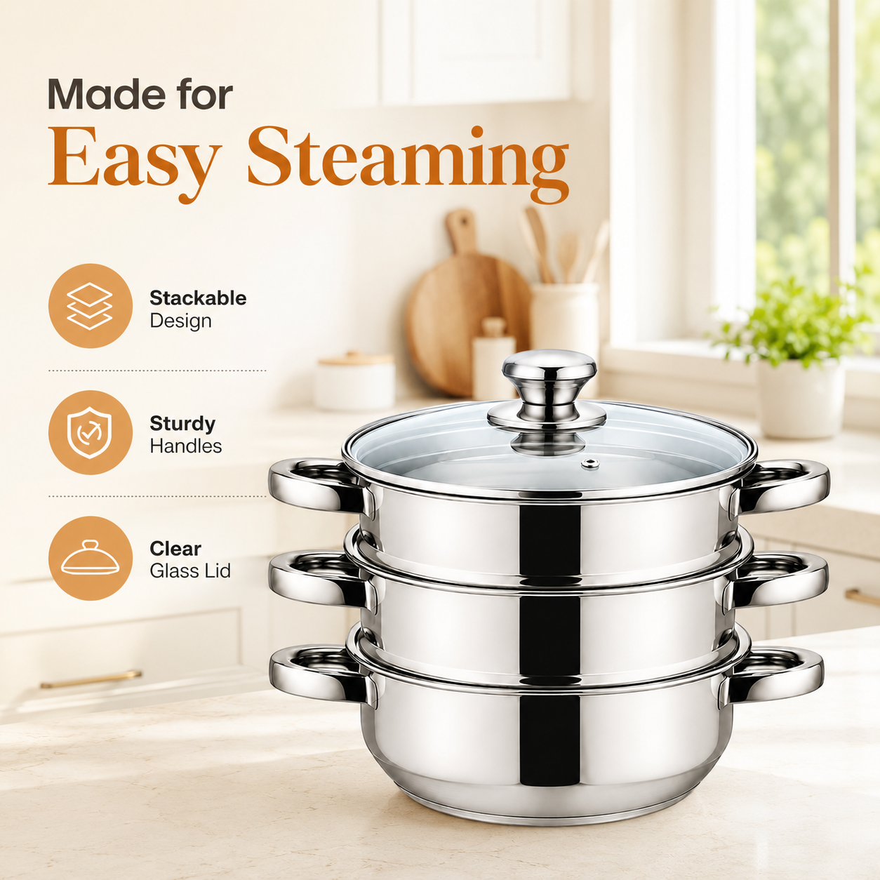 22cm Stainless Steel Steamer Set 3pcs