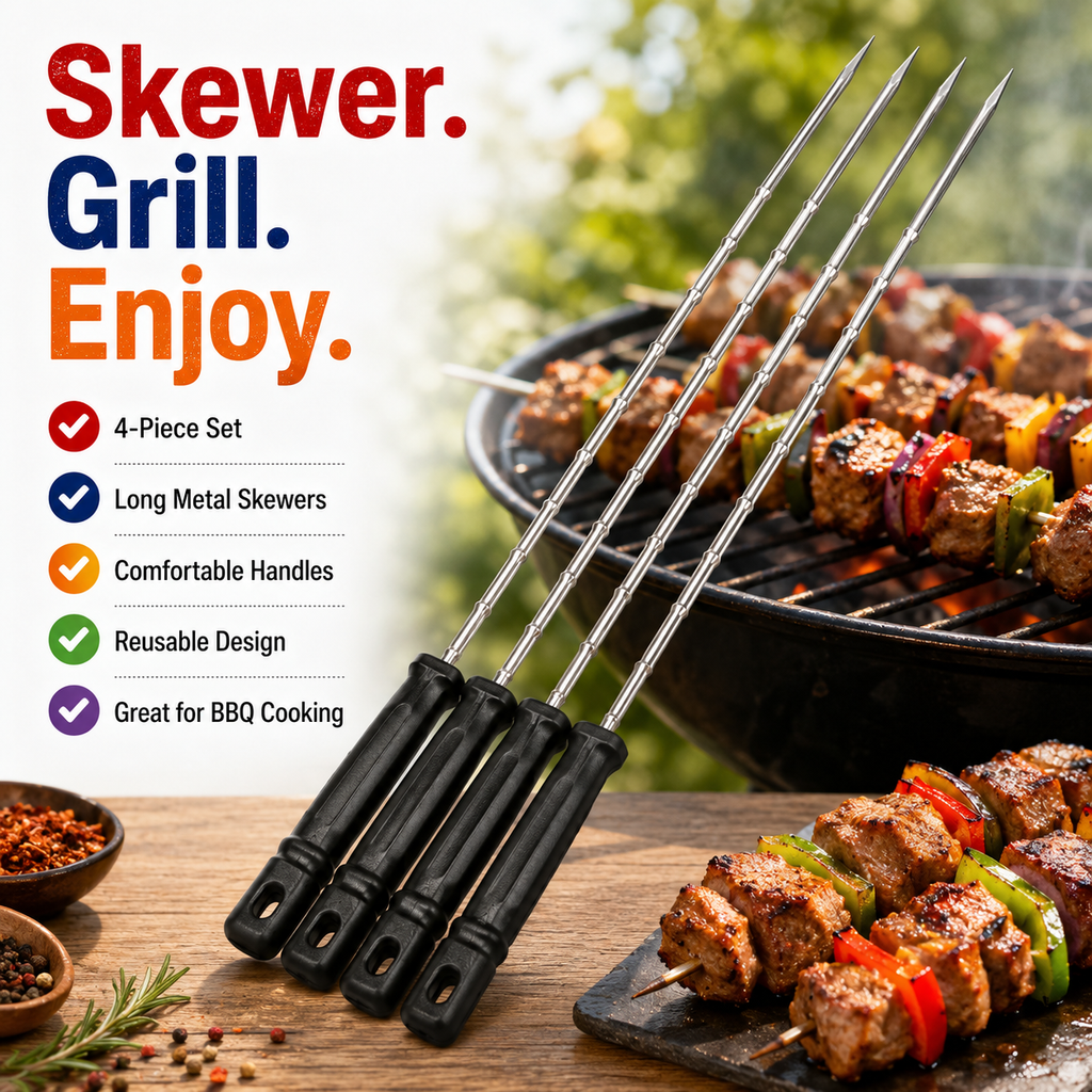 4-Piece BBQ Skewer Set – Reusable Metal Barbecue Kebabs Skewers with Easy-Grip Handles