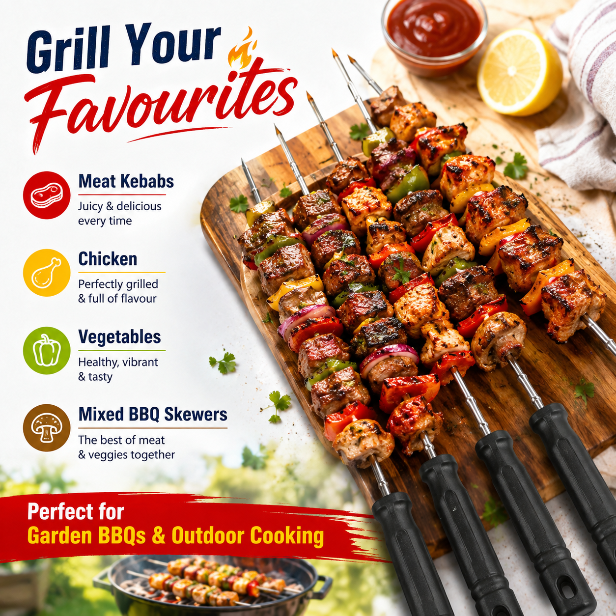 4-Piece BBQ Skewer Set – Reusable Metal Barbecue Kebabs Skewers with Easy-Grip Handles