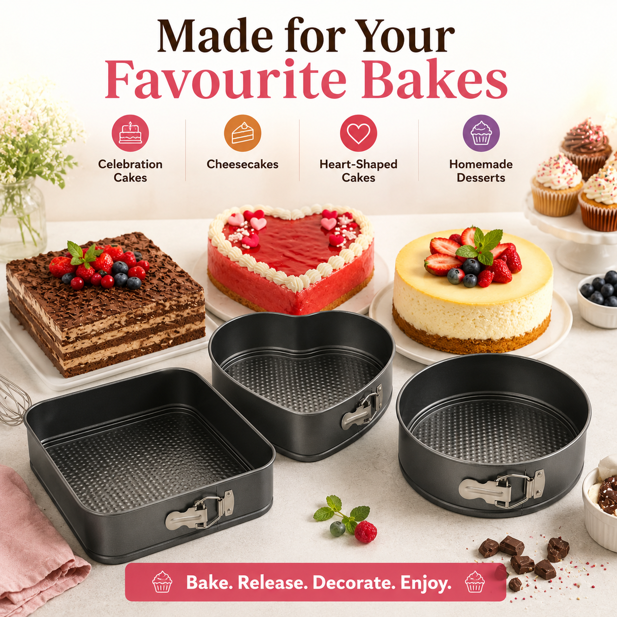 3-Piece Springform Cake Mould Set – Round, Square & Heart Shape Baking Pans 24cm, 26cm & 28cm