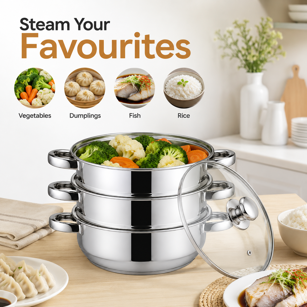 22cm Stainless Steel Steamer Set 3pcs