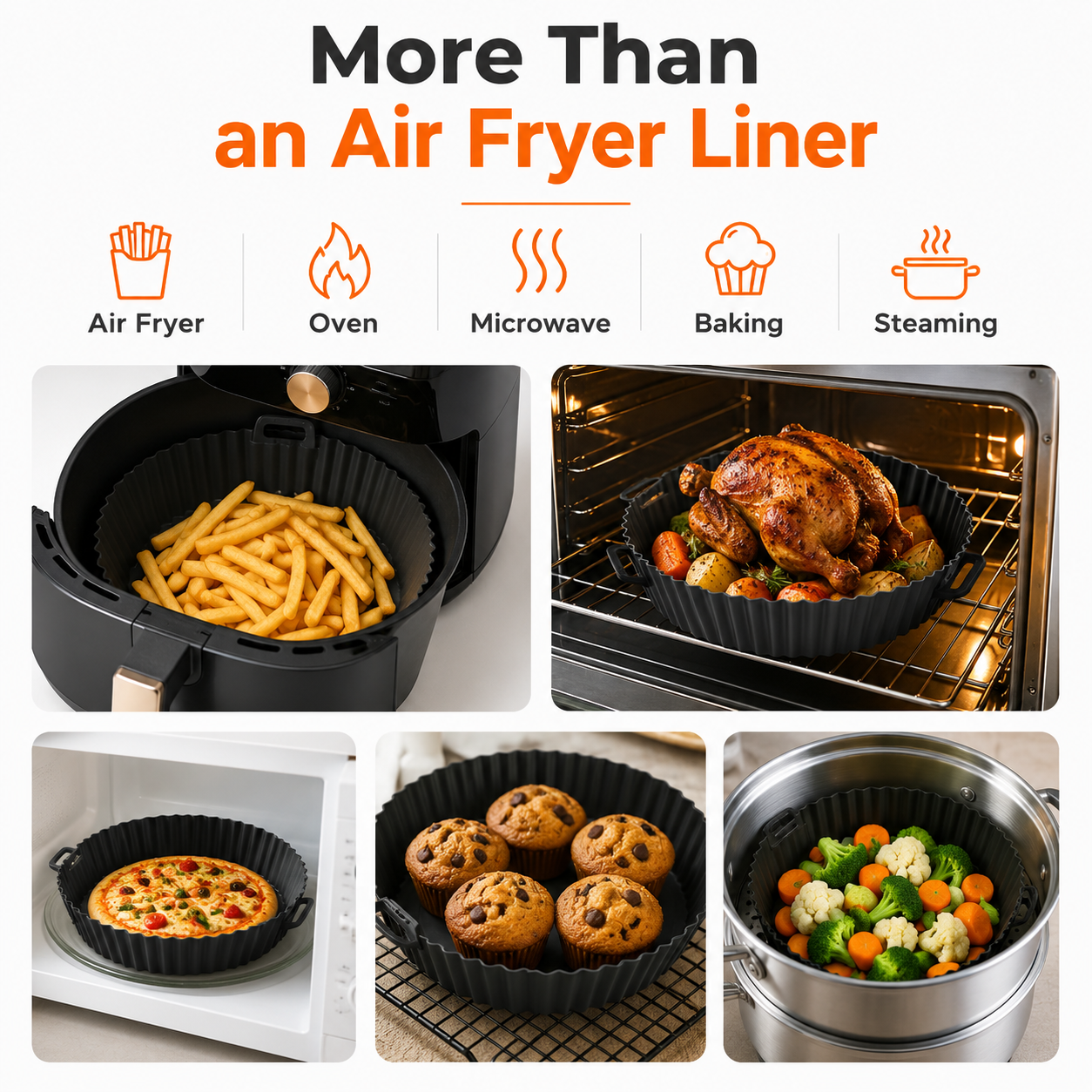 Reusable Silicone Air Fryer Liner – Round Non-Stick Baking Tray with Handles