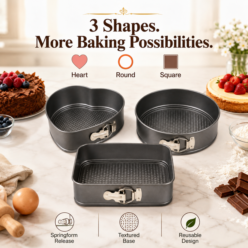3-Piece Springform Cake Mould Set – Round, Square & Heart Shape Baking Pans 24cm, 26cm & 28cm