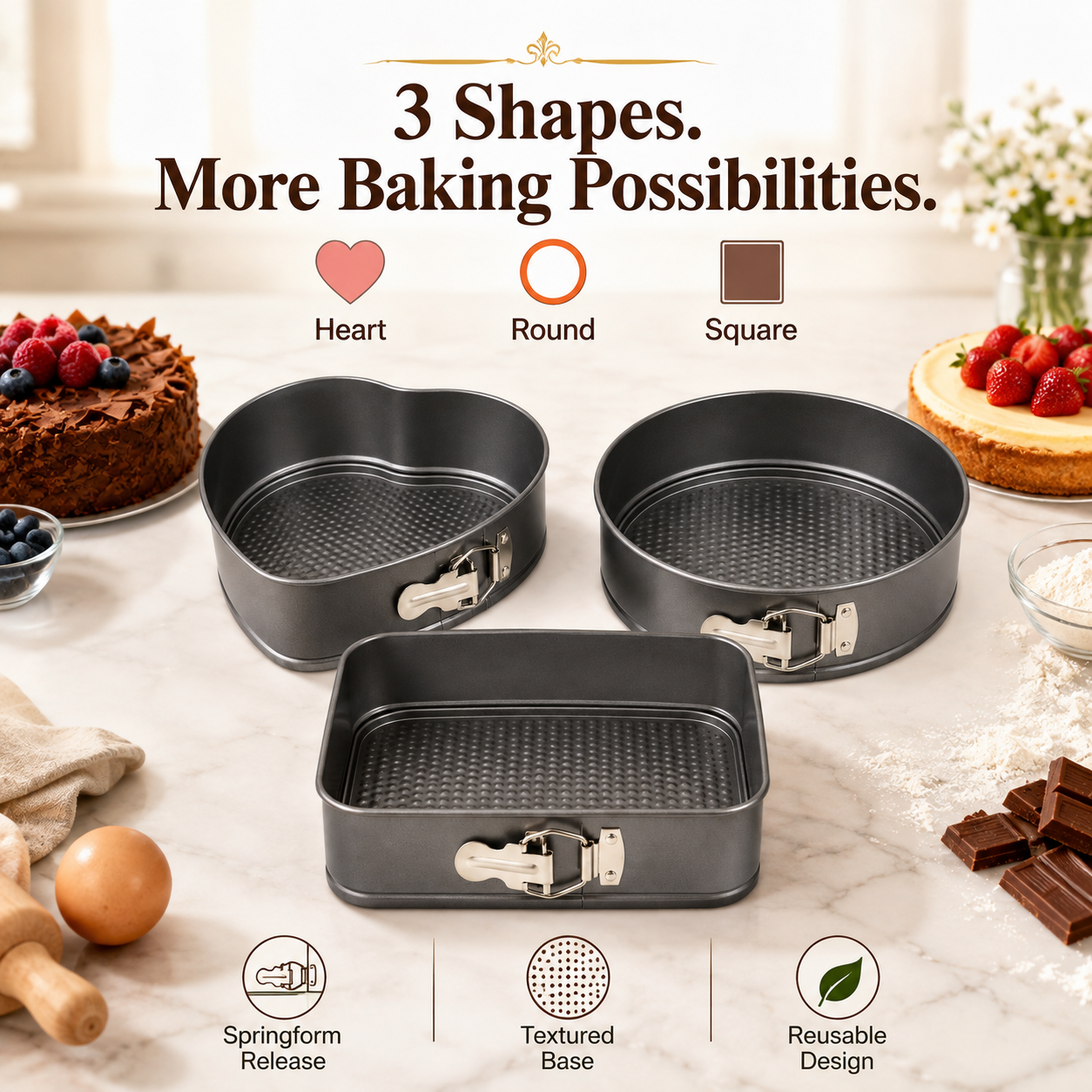 3-Piece Springform Cake Mould Set – Round, Square & Heart Shape Baking Pans 24cm, 26cm & 28cm