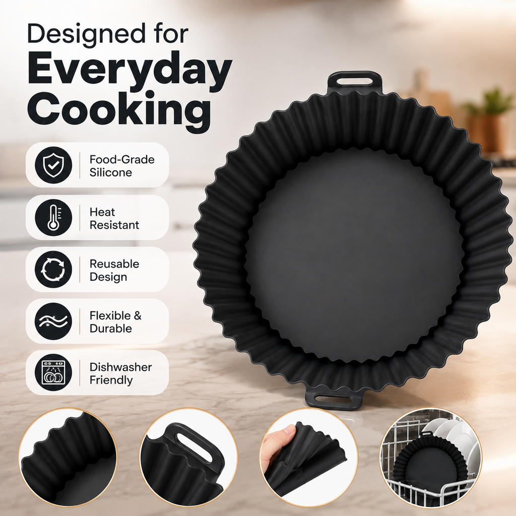 Reusable Silicone Air Fryer Liner – Round Non-Stick Baking Tray with Handles