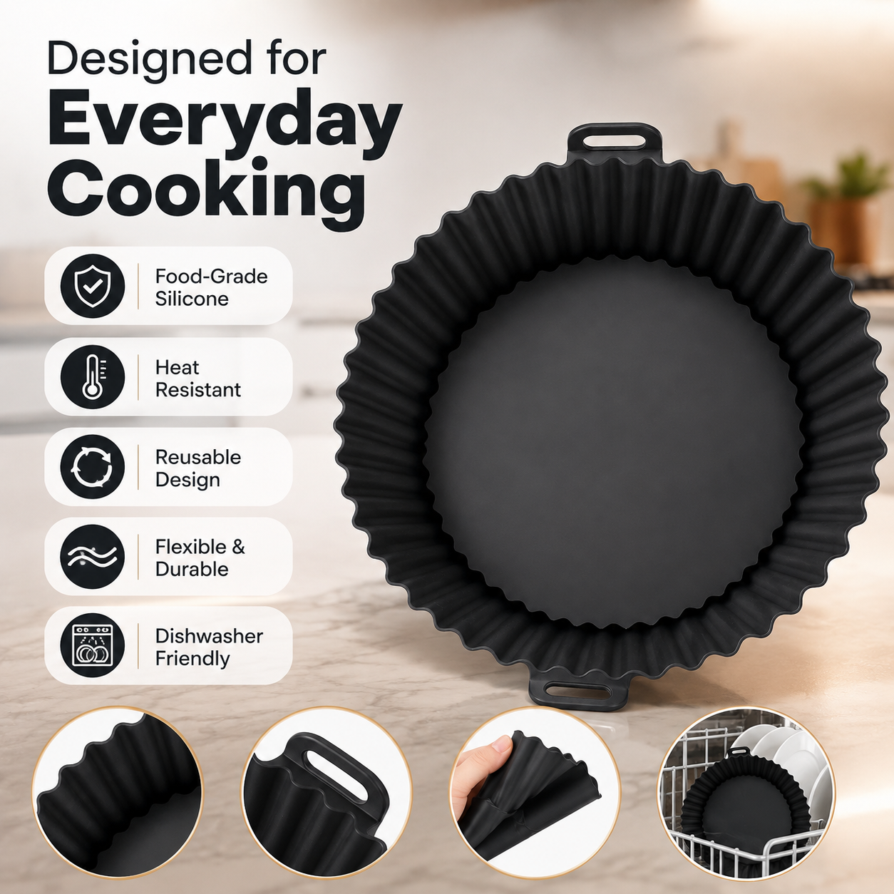 Reusable Silicone Air Fryer Liner – Round Non-Stick Baking Tray with Handles