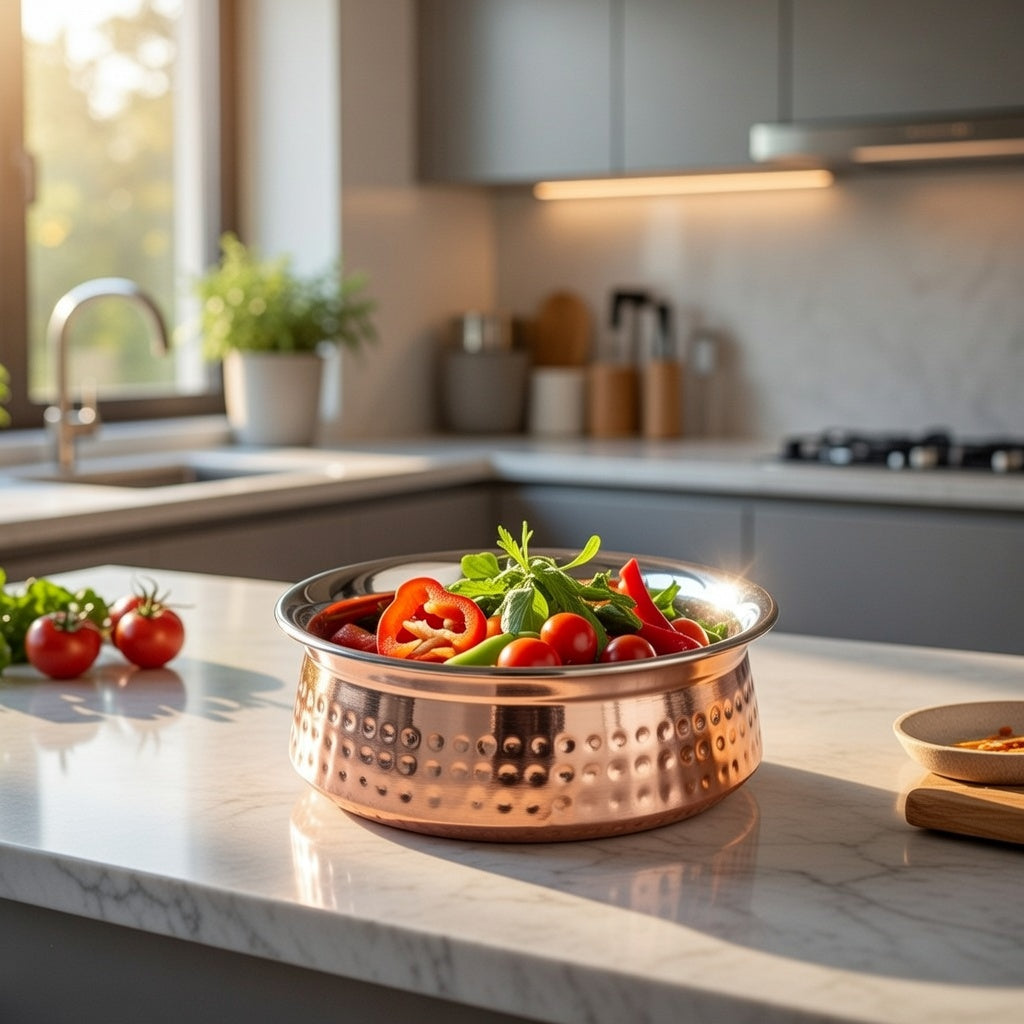 13cm Copper & Stainless Steel Handi Balti Dish – Hammered Exterior, Polished Interior, Ideal for Serving Curries & Dals