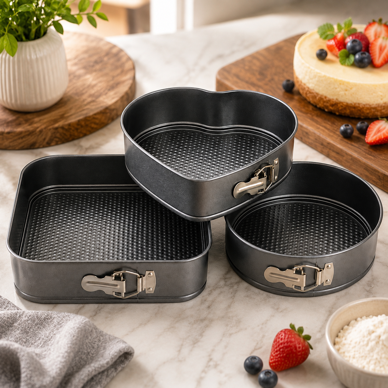 3-Piece Springform Cake Mould Set – Round, Square & Heart Shape Baking Pans 24cm, 26cm & 28cm