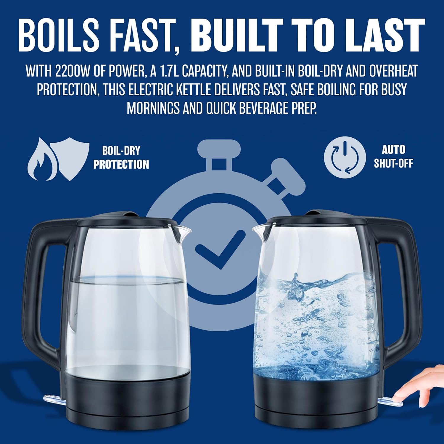 1.7L Cordless Glass Kettle 2200W Fast Boiling Kettle