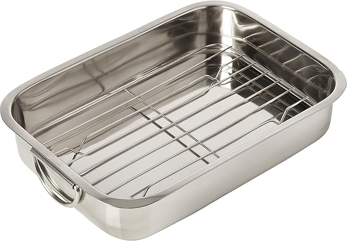 32cm x 23cm Stainless Steel Roasting Pan with Rack Oven Cooker Grill Pan