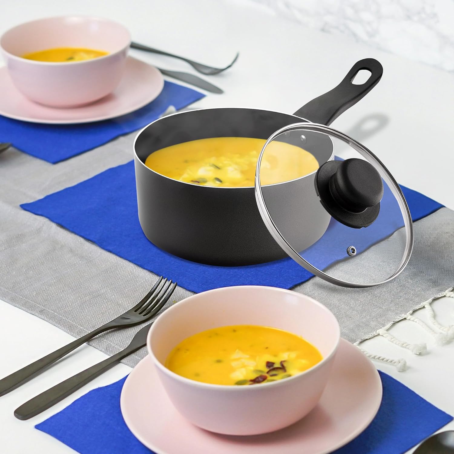 16cm Milk Pan with Glass Lid and Black Handle