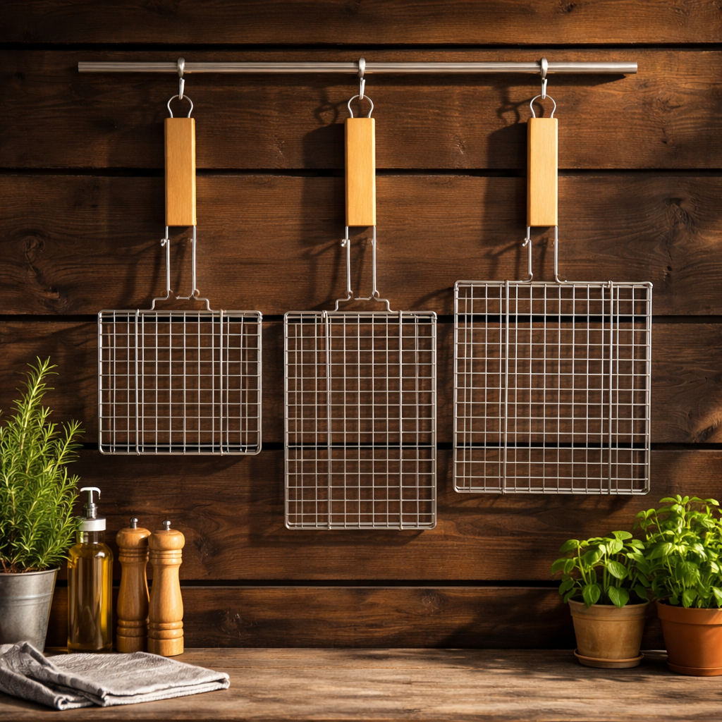 Chrome Wire BBQ Grill Basket with Wooden Handle – Available in 3 Sizes: 25.5x26CM, 34.5x21.5CM & 22.5x34.5CM – Fish, Meat & Vegetable Grilling Basket for Charcoal & Gas Barbecue