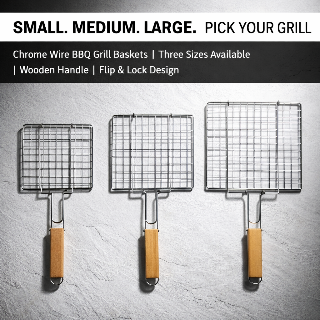 Chrome Wire BBQ Grill Basket with Wooden Handle – Available in 3 Sizes: 25.5x26CM, 34.5x21.5CM & 22.5x34.5CM – Fish, Meat & Vegetable Grilling Basket for Charcoal & Gas Barbecue