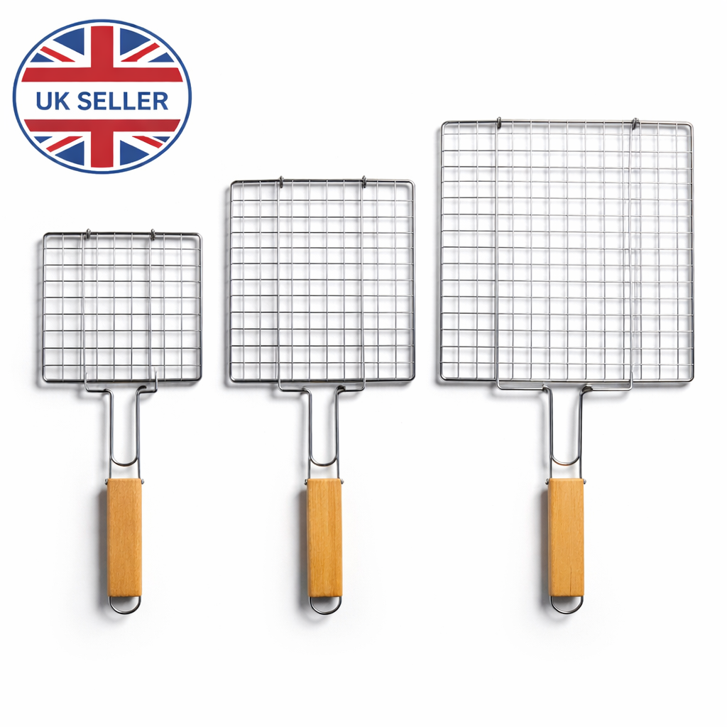 Chrome Wire BBQ Grill Basket with Wooden Handle – Available in 3 Sizes: 25.5x26CM, 34.5x21.5CM & 22.5x34.5CM – Fish, Meat & Vegetable Grilling Basket for Charcoal & Gas Barbecue
