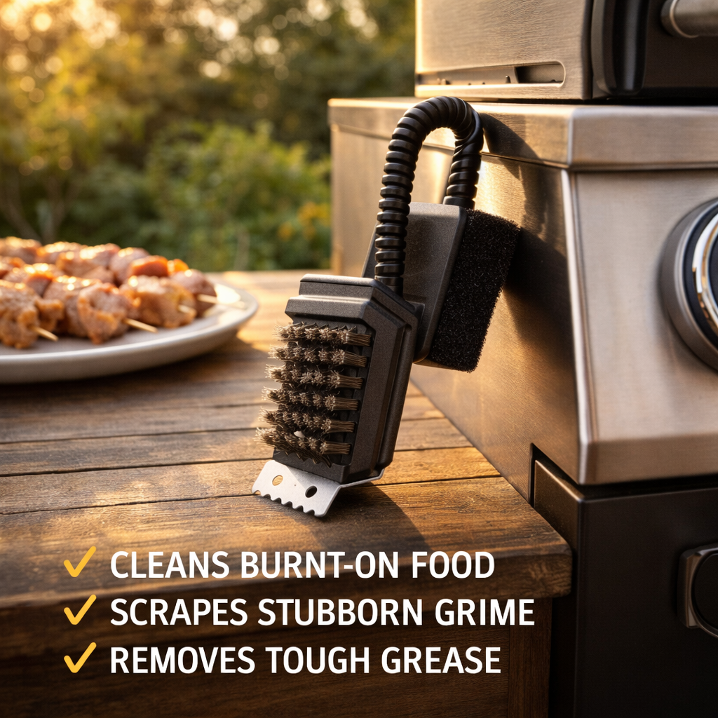 BBQ Grill Brush with Scraper & Abrasive Pad – 11.5 x 10 x 7CM Compact Hand Held Design, Wire Bristles, Metal Scraper Blade & Foam Scrub Pad – Barbecue Grate Cleaner for Gas & Charcoal Grills