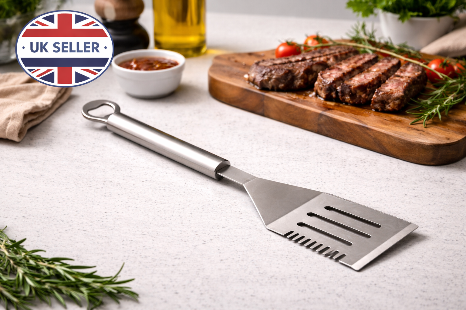 BBQ Slotted Turner – Stainless Steel Spatula with Bottle Opener, 46cm