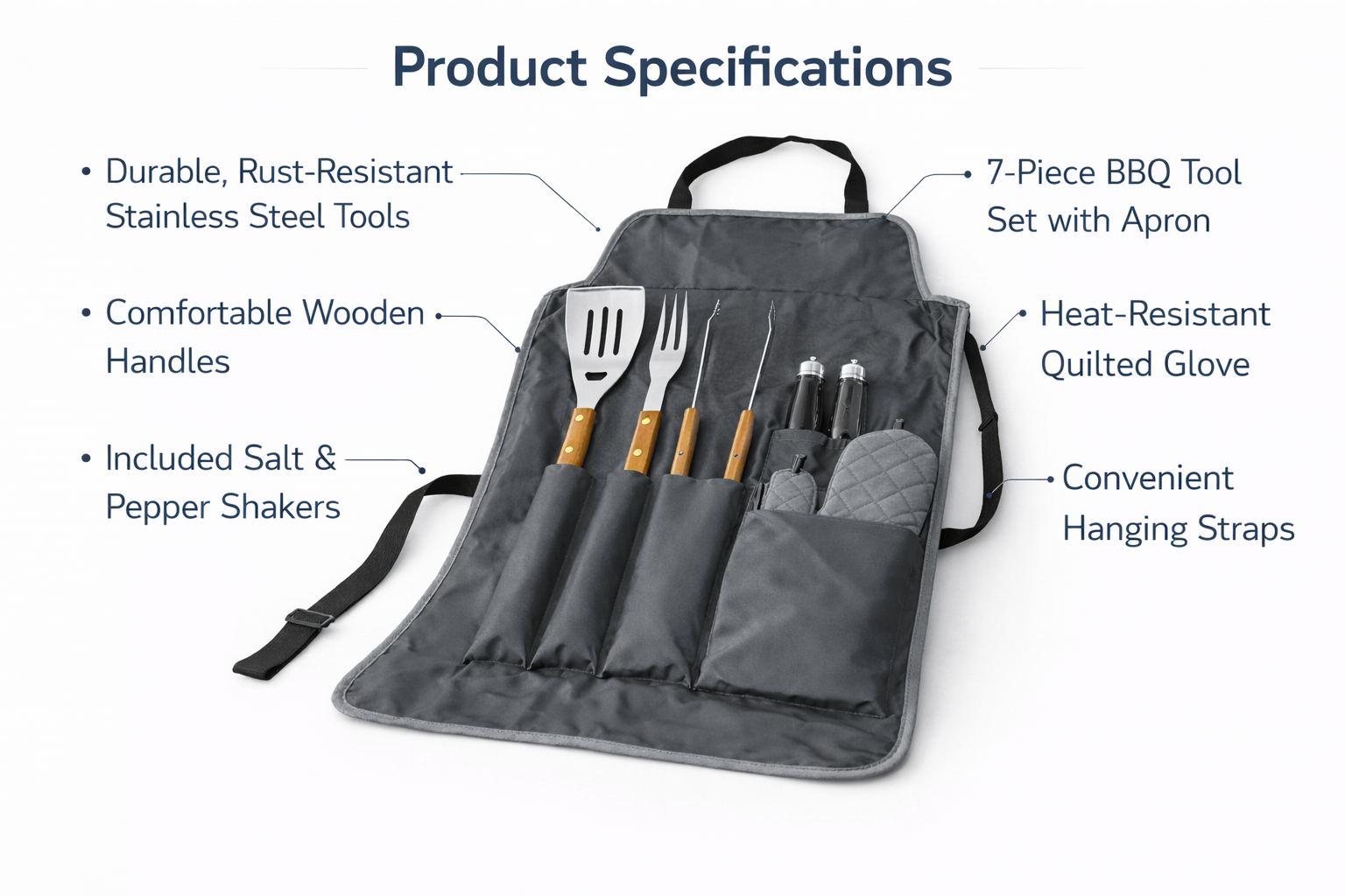 7-Piece Stainless Steel BBQ Tool Set with Gourmet Apron, Oven Mitt & Carry Case — Complete Outdoor Grilling Kit
