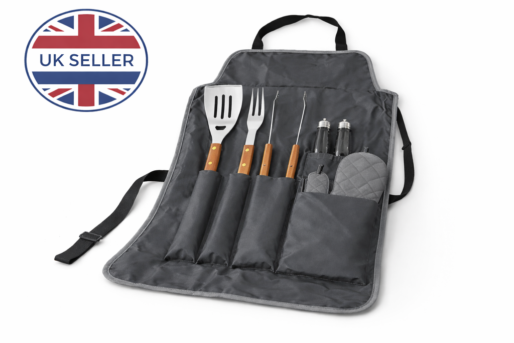 7-Piece Stainless Steel BBQ Tool Set with Gourmet Apron, Oven Mitt & Carry Case — Complete Outdoor Grilling Kit