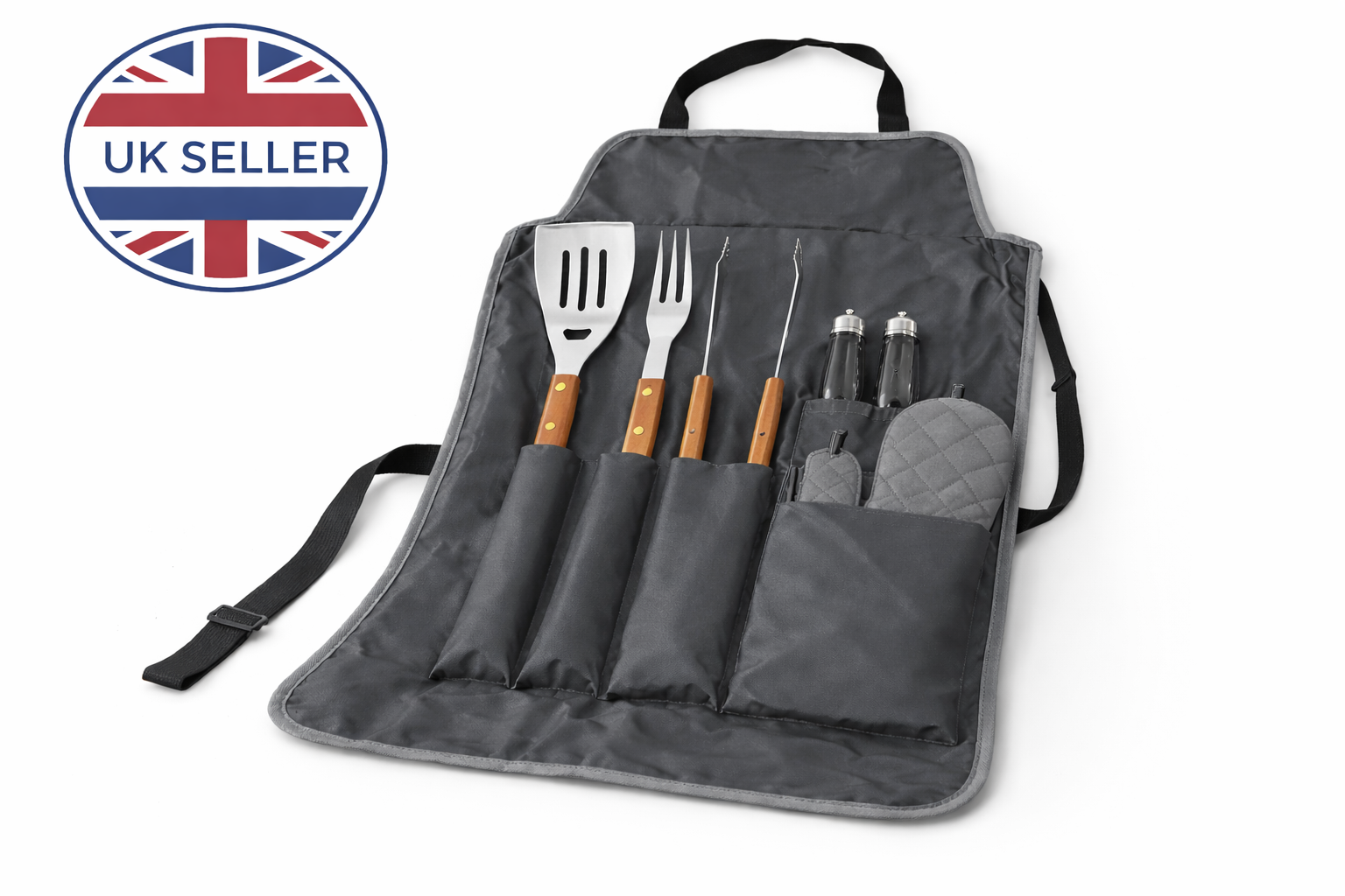 7-Piece Stainless Steel BBQ Tool Set with Gourmet Apron, Oven Mitt & Carry Case — Complete Outdoor Grilling Kit