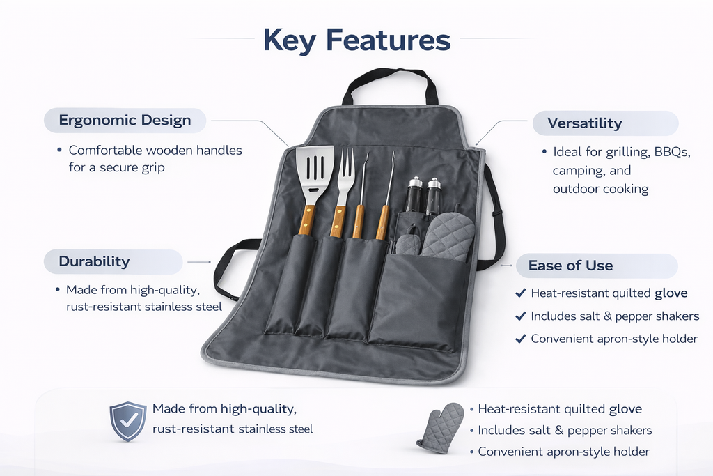 7-Piece Stainless Steel BBQ Tool Set with Gourmet Apron, Oven Mitt & Carry Case — Complete Outdoor Grilling Kit