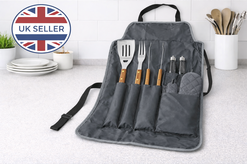 7-Piece Stainless Steel BBQ Tool Set with Gourmet Apron, Oven Mitt & Carry Case — Complete Outdoor Grilling Kit