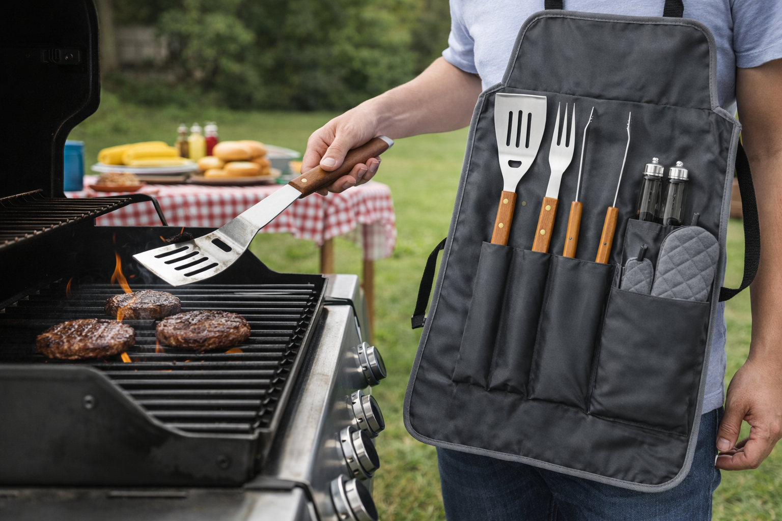 7-Piece Stainless Steel BBQ Tool Set with Gourmet Apron, Oven Mitt & Carry Case — Complete Outdoor Grilling Kit