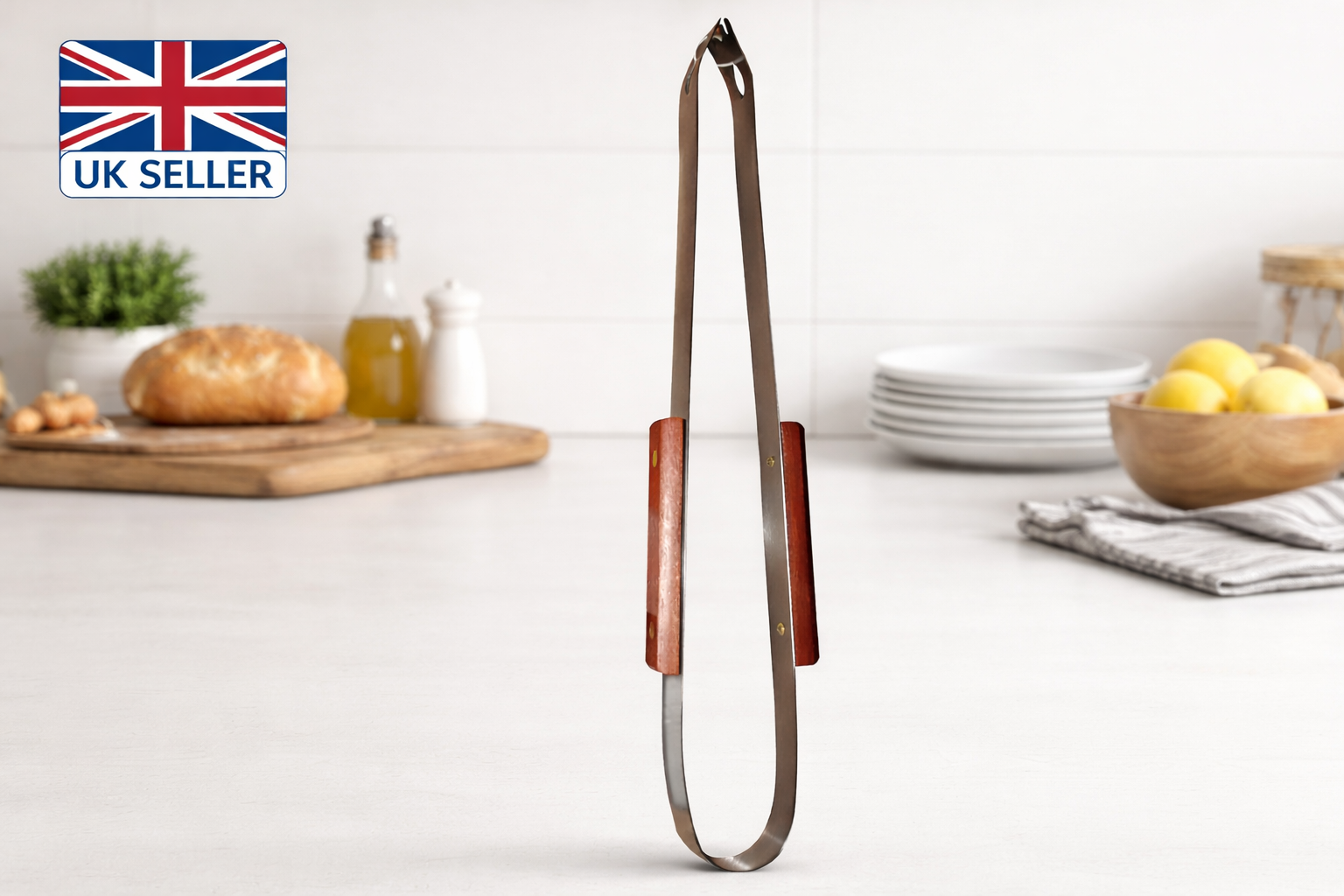 Stainless Steel & Wood BBQ Gripper Tongs – Long-Reach Barbecue Food Gripper with Wooden Handles