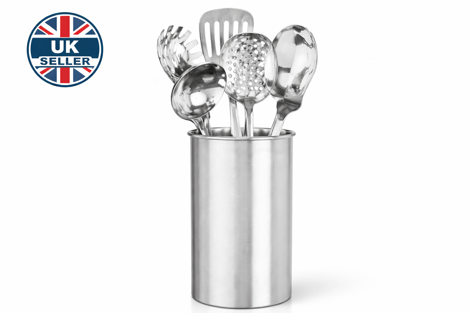 Stainless Steel Kitchen Utensil Set with Holder – 5 Piece Cooking Spoon Ladle Slotted Spoon Skimmer Spatula Caddy Stand