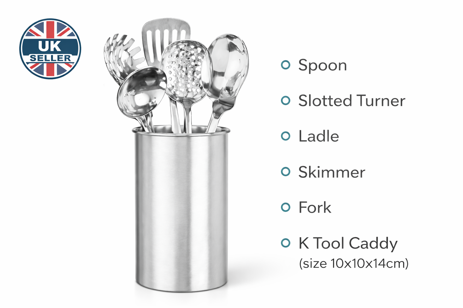 Stainless Steel Kitchen Utensil Set with Holder – 5 Piece Cooking Spoon Ladle Slotted Spoon Skimmer Spatula Caddy Stand