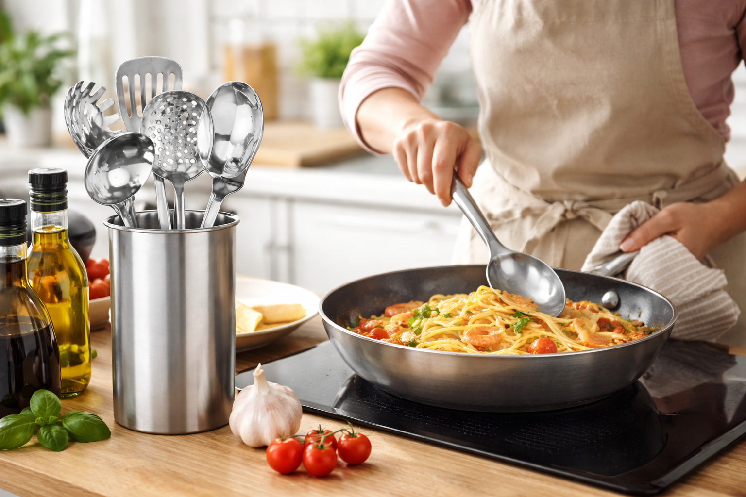Stainless Steel Kitchen Utensil Set with Holder – 5 Piece Cooking Spoon Ladle Slotted Spoon Skimmer Spatula Caddy Stand
