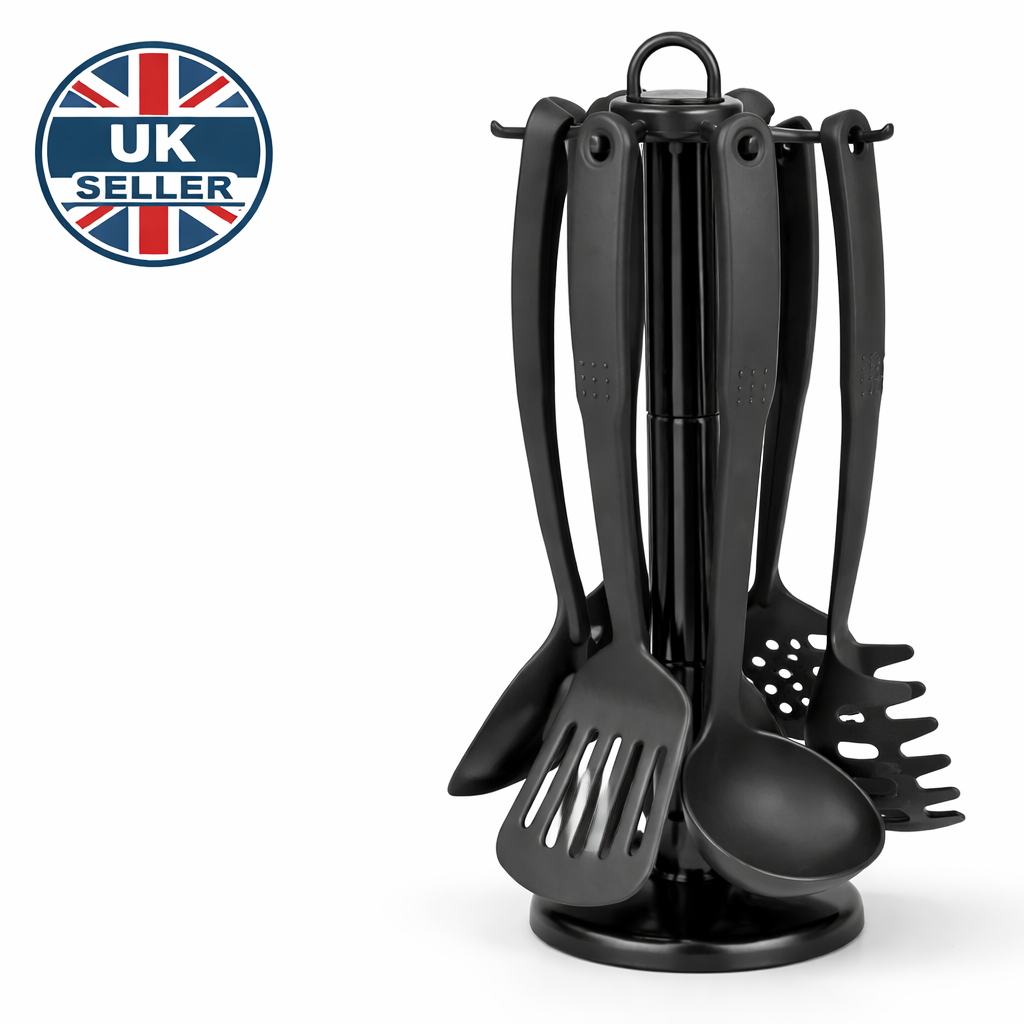6 Piece Black Nylon Kitchen Utensil Set with Rotating Stand – Spatula Serving Spoon Pasta Fork Skimmer Carousel Holder