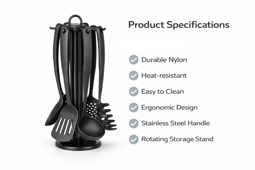 6 Piece Black Nylon Kitchen Utensil Set with Rotating Stand – Spatula Serving Spoon Pasta Fork Skimmer Carousel Holder
