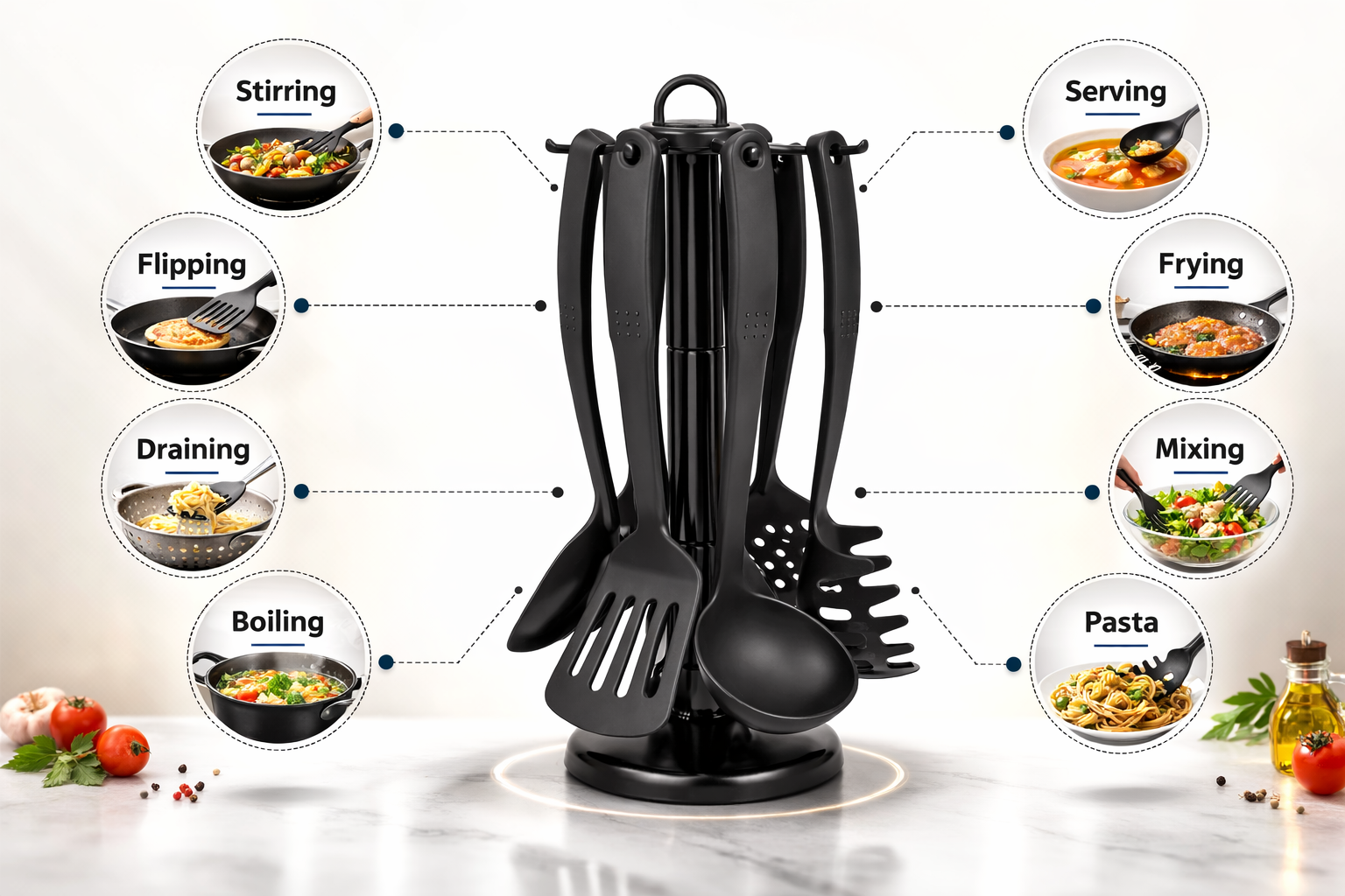 6 Piece Black Nylon Kitchen Utensil Set with Rotating Stand – Spatula Serving Spoon Pasta Fork Skimmer Carousel Holder