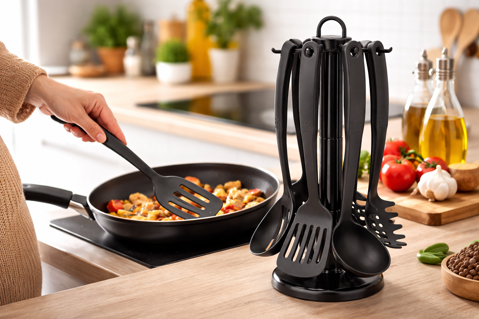 6 Piece Black Nylon Kitchen Utensil Set with Rotating Stand – Spatula Serving Spoon Pasta Fork Skimmer Carousel Holder