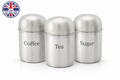 3 Piece Stainless Steel Tea Coffee Sugar Canister Set – Brushed Steel Dome Lid Kitchen Storage Jars Worktop Caddy Set
