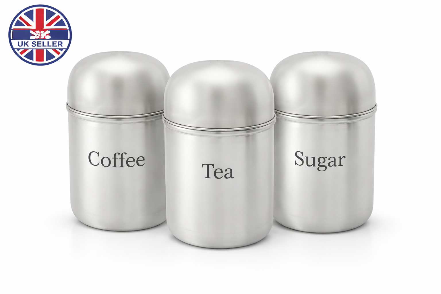 3 Piece Stainless Steel Tea Coffee Sugar Canister Set – Brushed Steel Dome Lid Kitchen Storage Jars Worktop Caddy Set