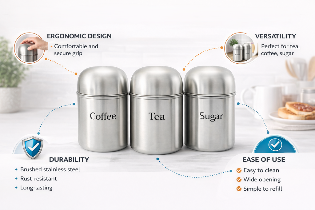 3 Piece Stainless Steel Tea Coffee Sugar Canister Set – Brushed Steel Dome Lid Kitchen Storage Jars Worktop Caddy Set