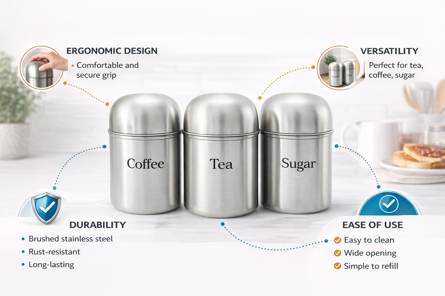 3 Piece Stainless Steel Tea Coffee Sugar Canister Set – Brushed Steel Dome Lid Kitchen Storage Jars Worktop Caddy Set