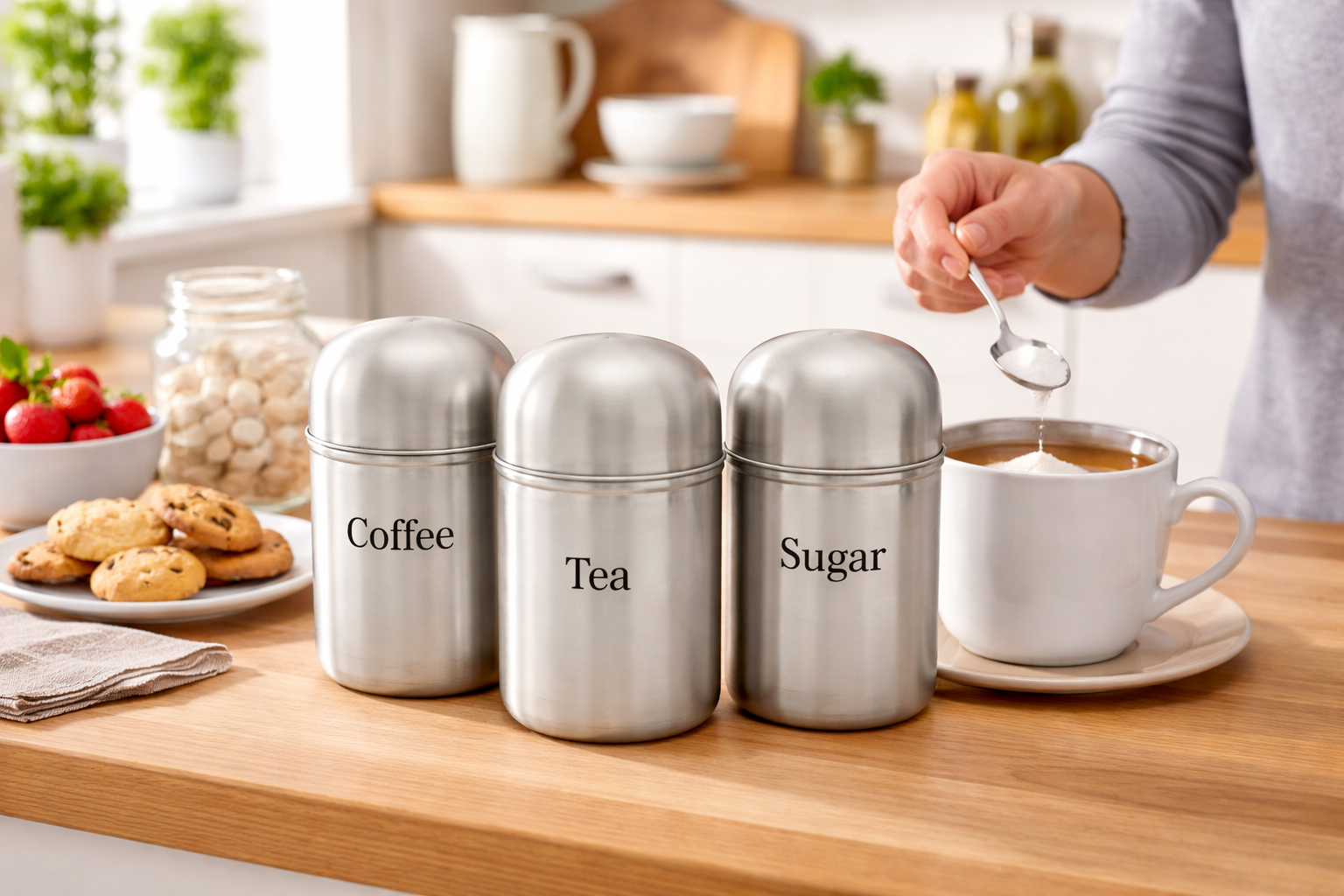 3 Piece Stainless Steel Tea Coffee Sugar Canister Set – Brushed Steel Dome Lid Kitchen Storage Jars Worktop Caddy Set