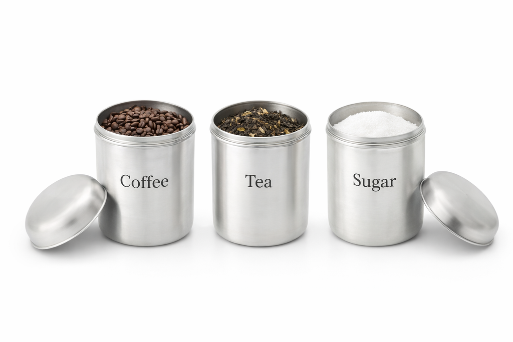 3 Piece Stainless Steel Tea Coffee Sugar Canister Set – Brushed Steel Dome Lid Kitchen Storage Jars Worktop Caddy Set