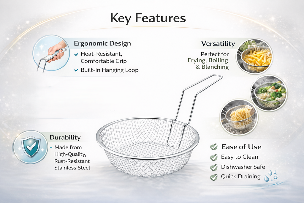 20cm 8'' Stainless Steel Wire Mesh Frying Basket with Handle – Round Chip Basket Deep Fry Strainer Cooking Basket for Fryer Pan