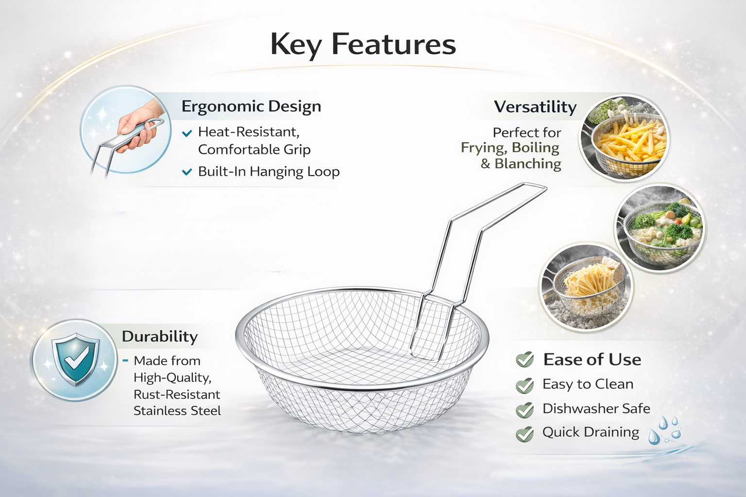 20cm 8'' Stainless Steel Wire Mesh Frying Basket with Handle – Round Chip Basket Deep Fry Strainer Cooking Basket for Fryer Pan