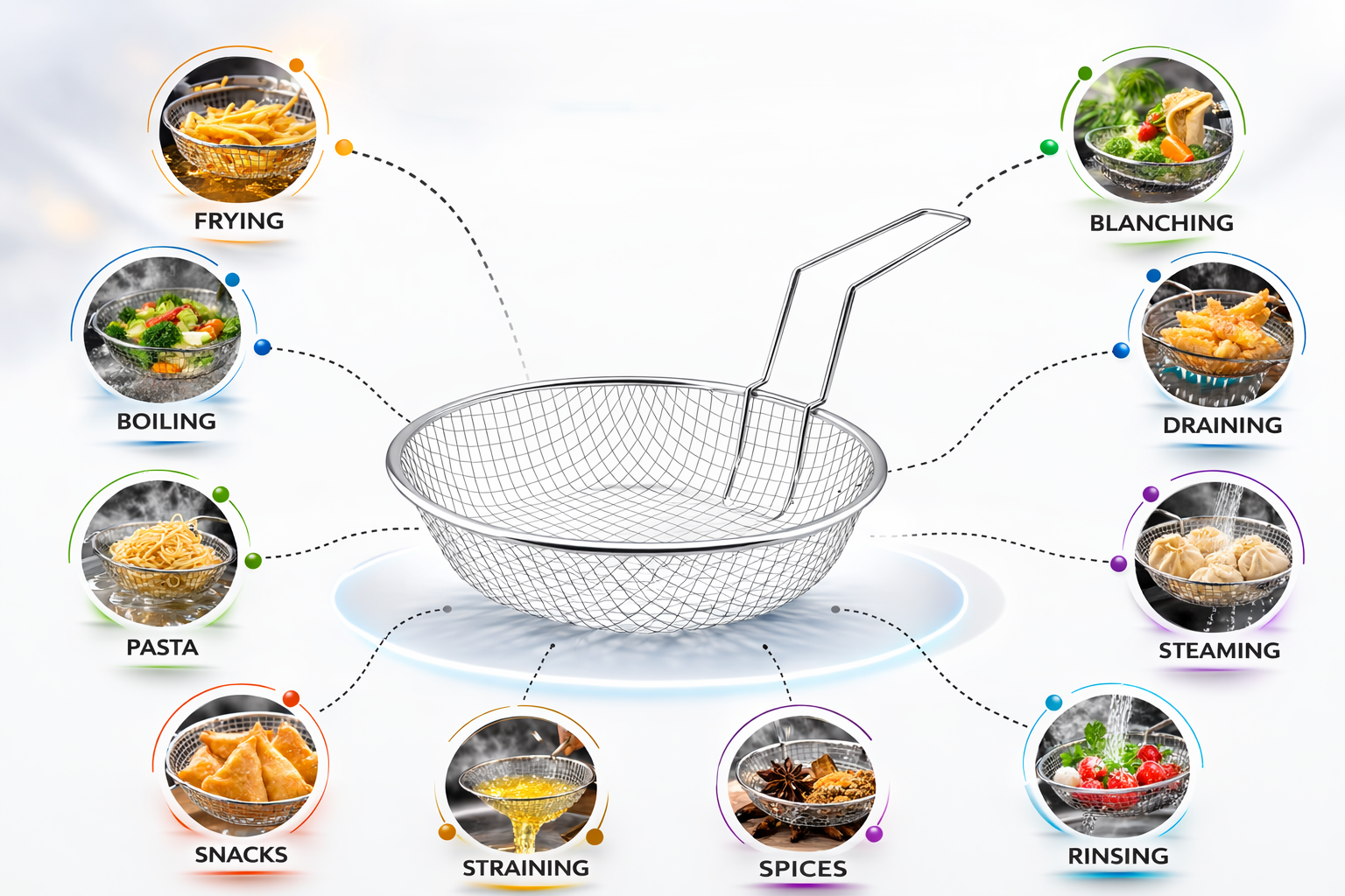 20cm 8'' Stainless Steel Wire Mesh Frying Basket with Handle – Round Chip Basket Deep Fry Strainer Cooking Basket for Fryer Pan