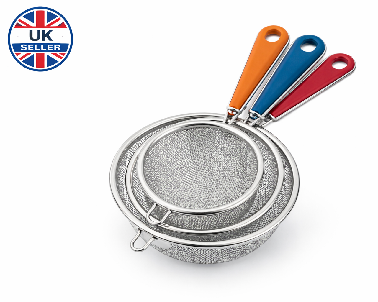 3 Piece Stainless Steel Fine Mesh Strainer Set – Small Kitchen Sieve with Coloured Handle Tea Flour Sauce Strainer Set
