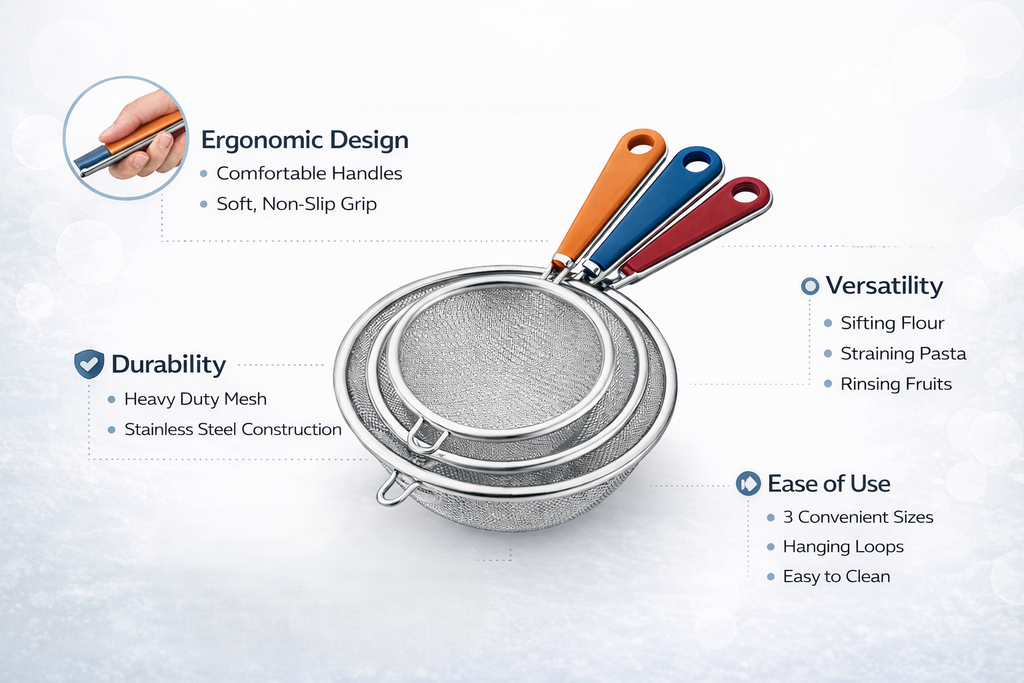 3 Piece Stainless Steel Fine Mesh Strainer Set – Small Kitchen Sieve with Coloured Handle Tea Flour Sauce Strainer Set
